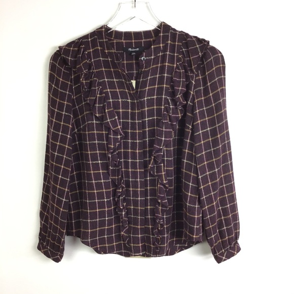 Madewell Deep Purple Plaid Ruffle Button Down Top - Picture 3 of 12